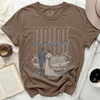 Brown t-shirt with "Pride and Prejudice" text and illustration.