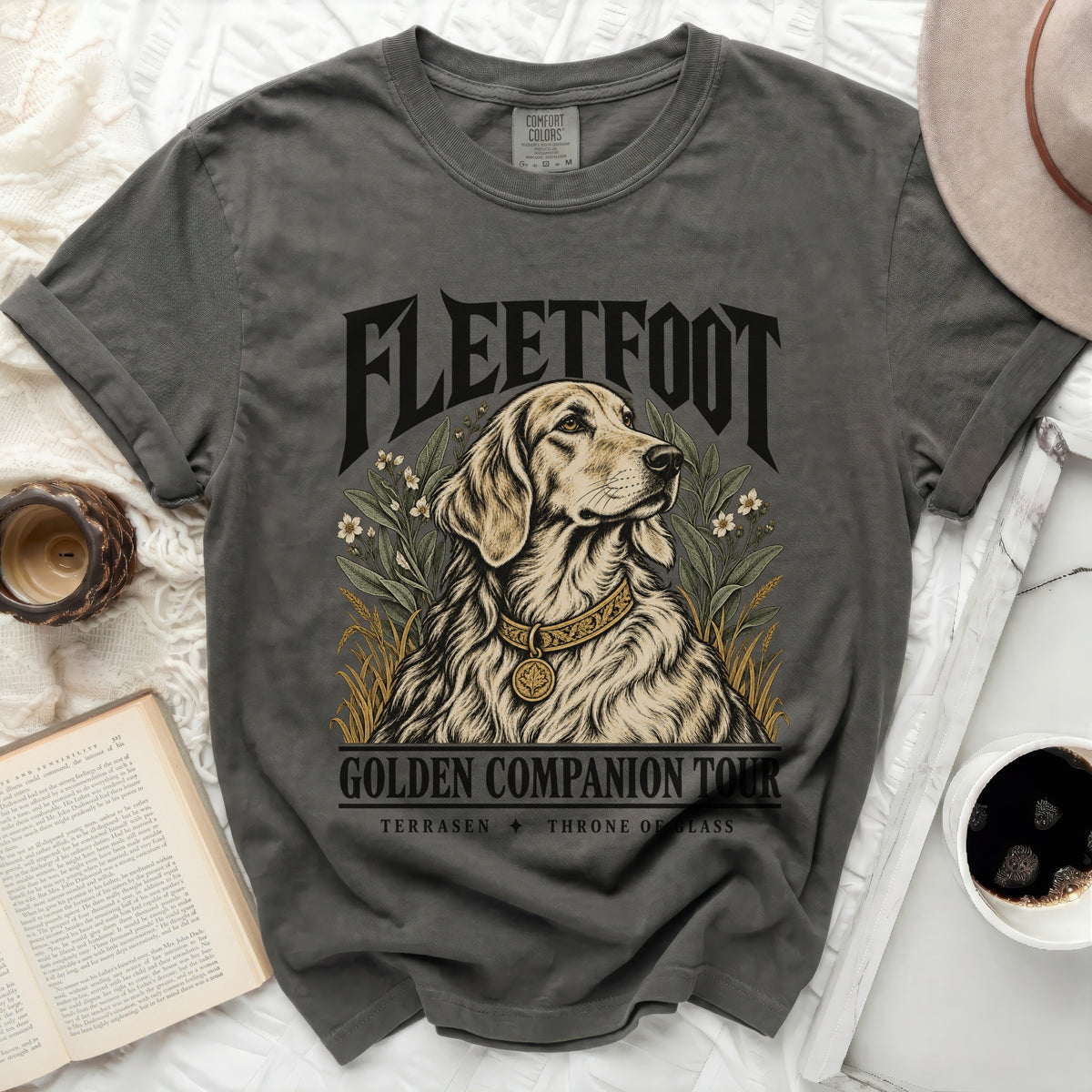 Grey t-shirt with "FLEETFOOT GOLDEN COMPANION TOUR" and a golden retriever illustration.