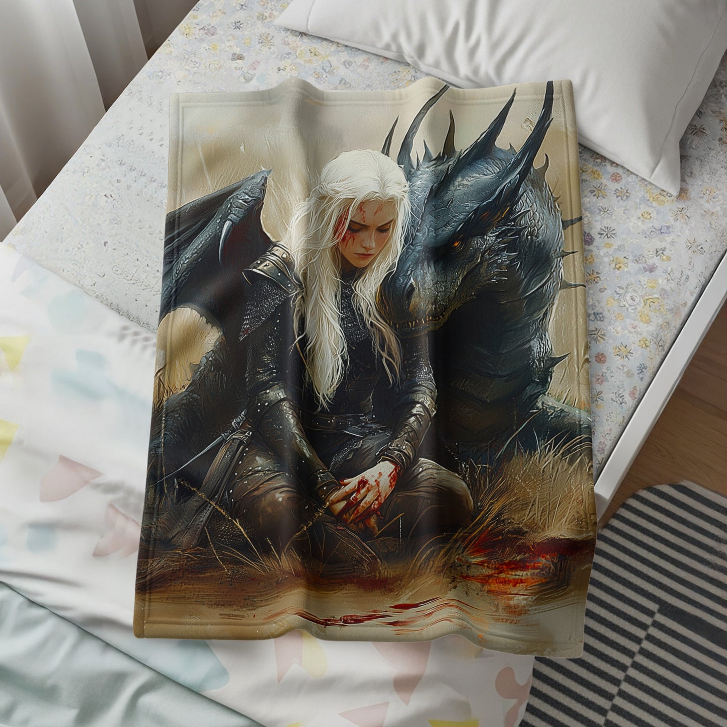 Dragon and Warrior Fantasy Art Illustration Blanket