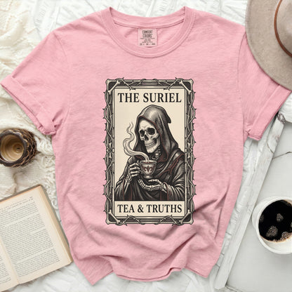 Pink t-shirt with grim reaper holding tea, text "THE SURIEL TEA & TRUTHS".