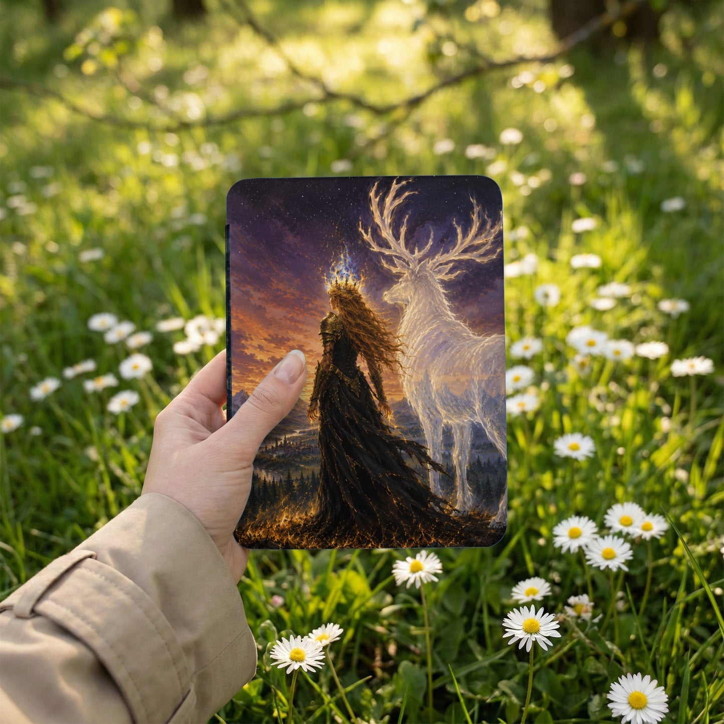 Fantaasy artwork of crowned woman and glowing stag against starry sky and forest.