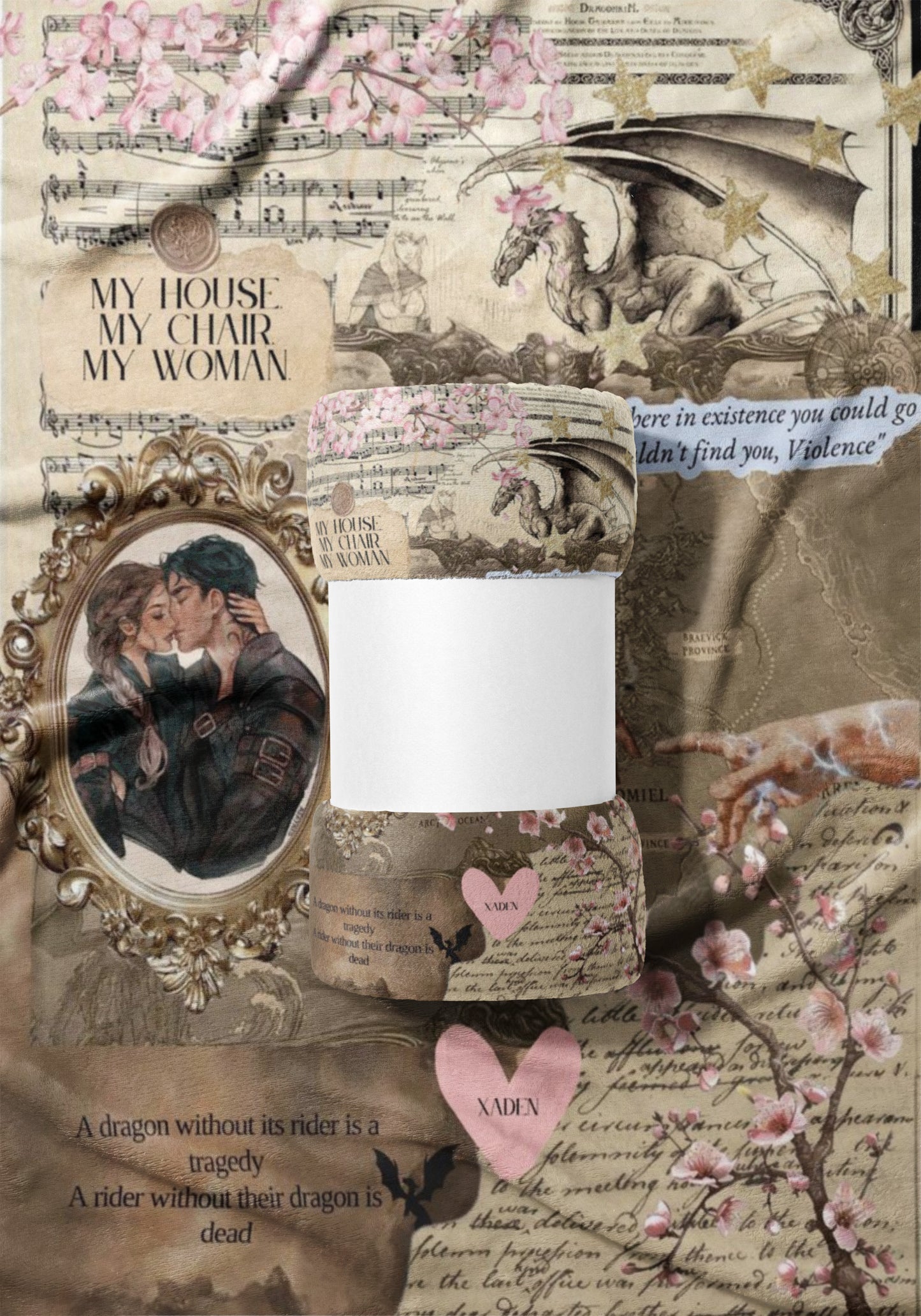 Collage with kissing couple, dragon, music notes, and text "My House My Chair My Woman."