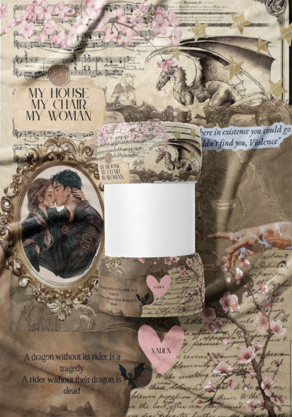 Collage with kissing couple, dragon, music notes, and text "My House My Chair My Woman."