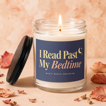 Lit candle in jar with blue label reading "I Read Past My Bedtime."