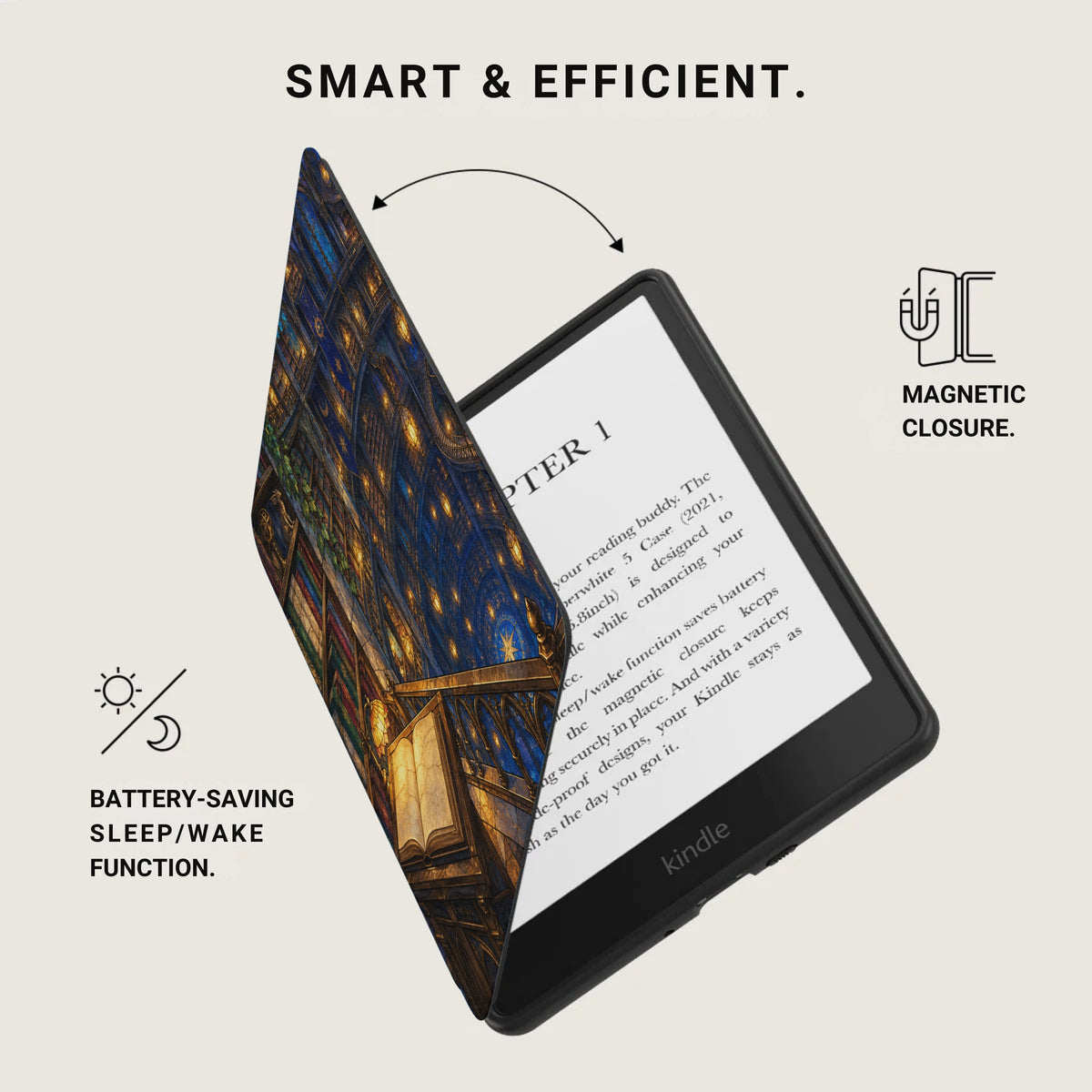 E-reader with a book-themed cover, showing magnetic closure and battery-saving features.