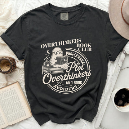 Dark t-shirt with "Overthinkers Book Club Professional Plot Overthinkers and Book Avoiders" graphic.