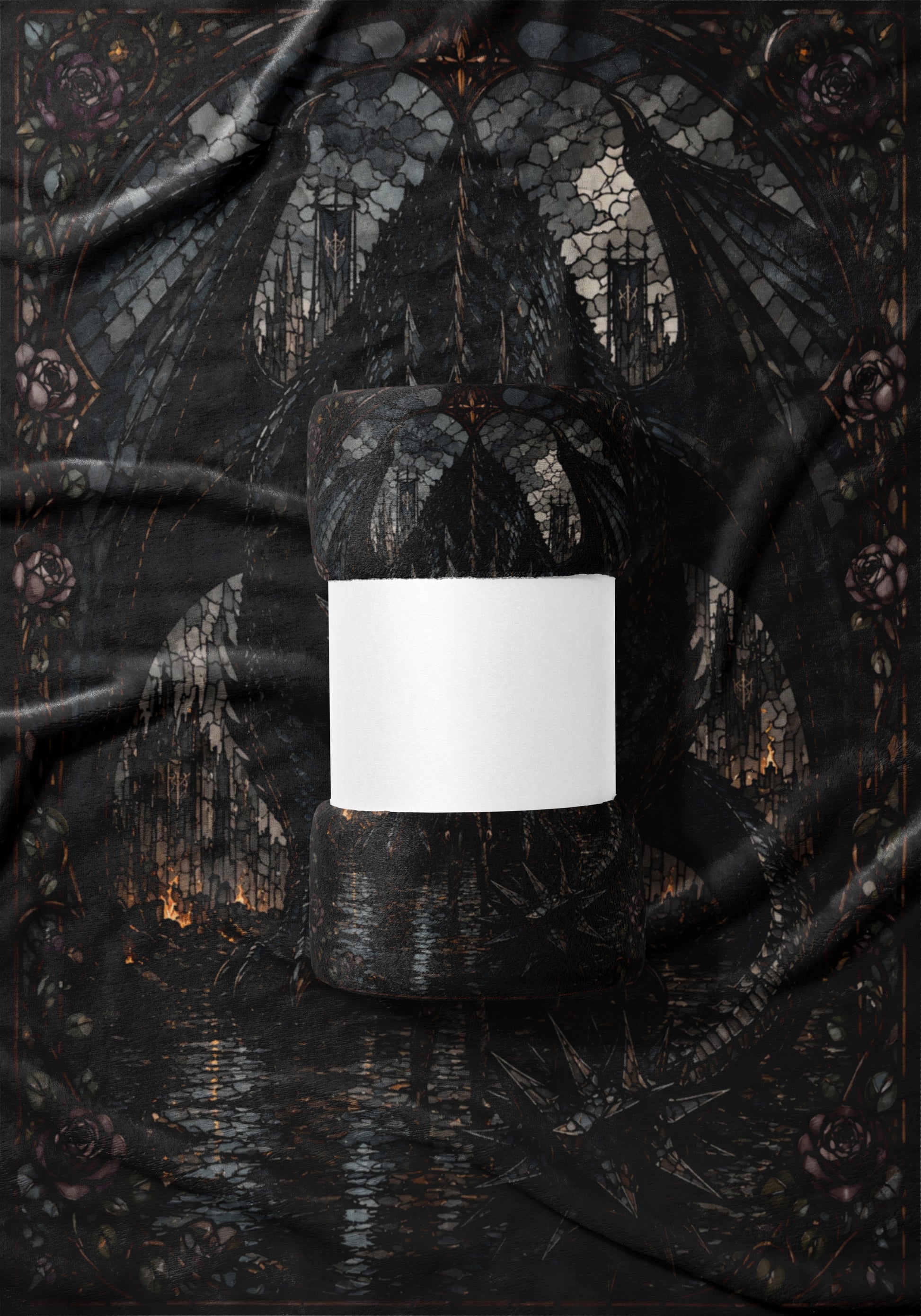 Dark fantasy design with dragon wings, castle, and roses. Blank white band on product.