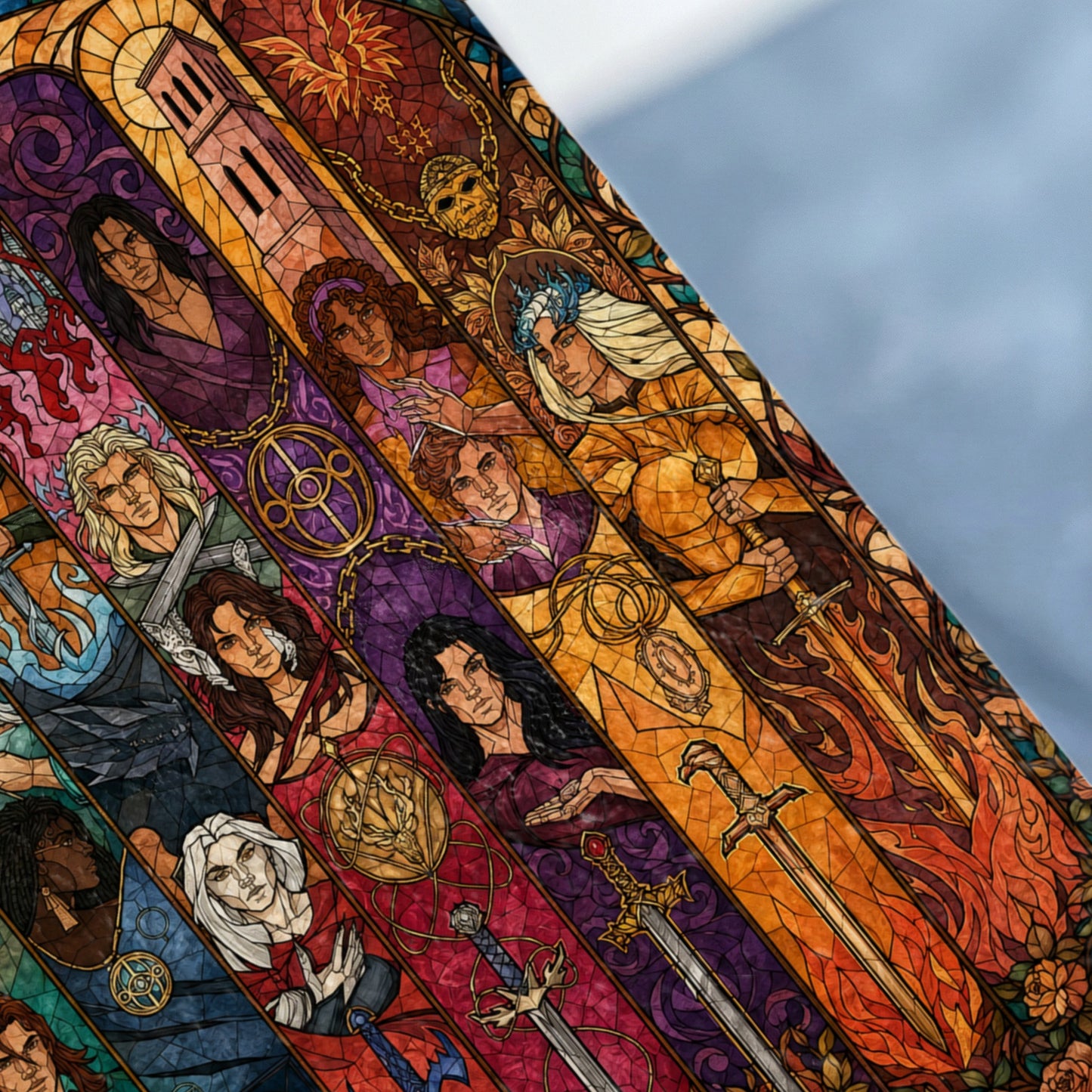 Stained glass style art featuring various characters and swords in segmented panels.