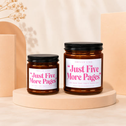 Two amber jars with black lids featuring "Just Five More Pages" text.