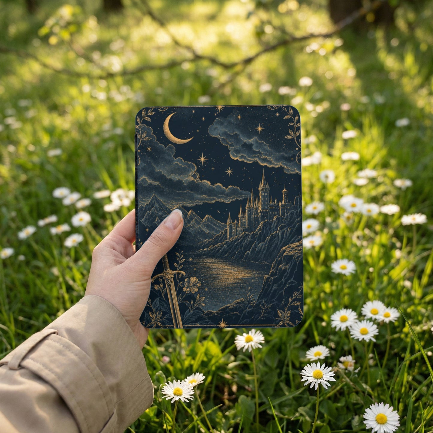 A hand holds a notebook with a dark, starry sky, castle, and sword design.