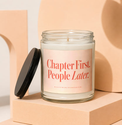 White candle in a clear jar with a label that reads "Chapter First. People Later."