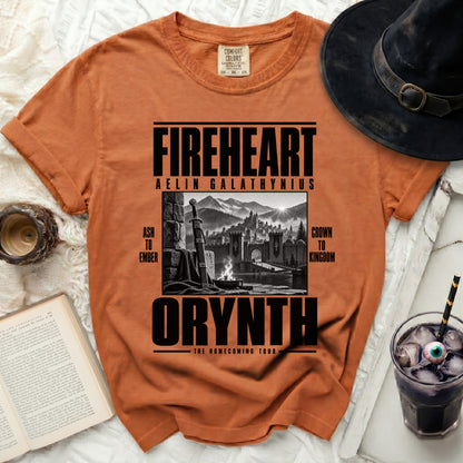 Orange t-shirt with "FIREHEART AELIN GALATHYNIUS" and "ORYNTH THE HOMECOMING TOUR" graphic.
