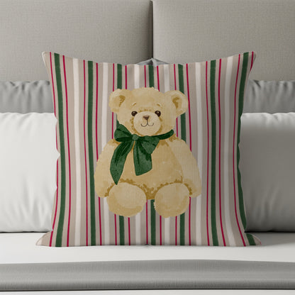 Decorative Holiday Striped Cushion with Teddy Bear Design