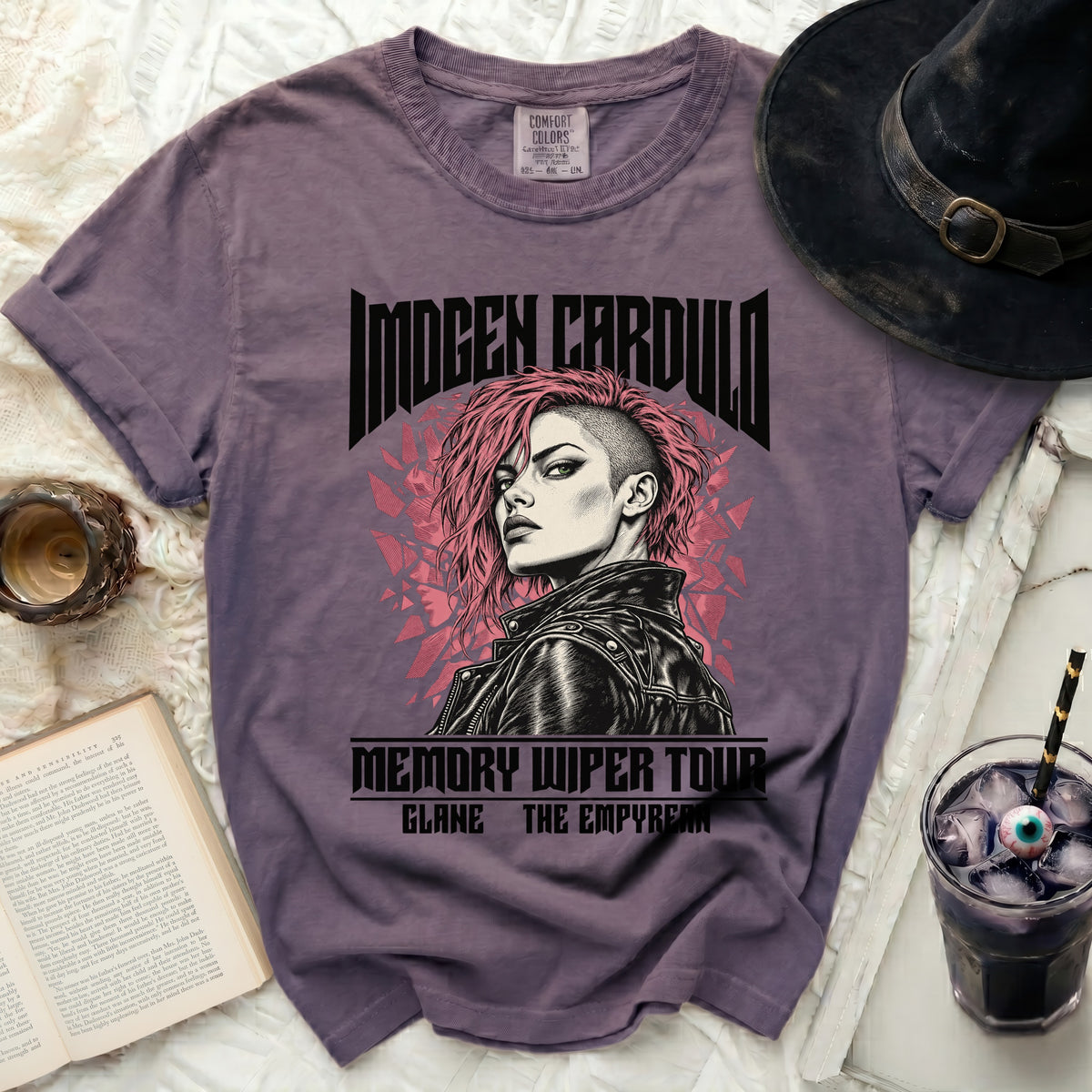 Purple t-shirt with Imogen Cardullo "Memory Wiper Tour" graphic featuring a punk woman.