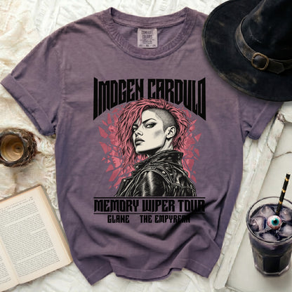 Purple t-shirt with Imogen Cardullo "Memory Wiper Tour" graphic featuring a punk woman.