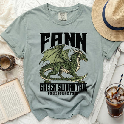 Light green t-shirt with a green dragon graphic and text "FANN GREEN SWORDTAIL".