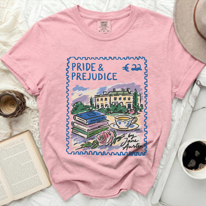 Pink t-shirt with "Pride & Prejudice" stamp design by Jane Austen.