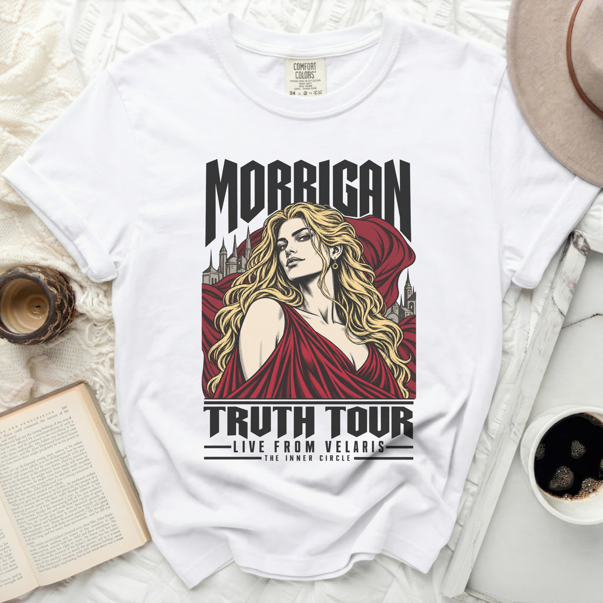 White t-shirt with Morrigan artwork, "Truth Tour," and "Live from Velaris."