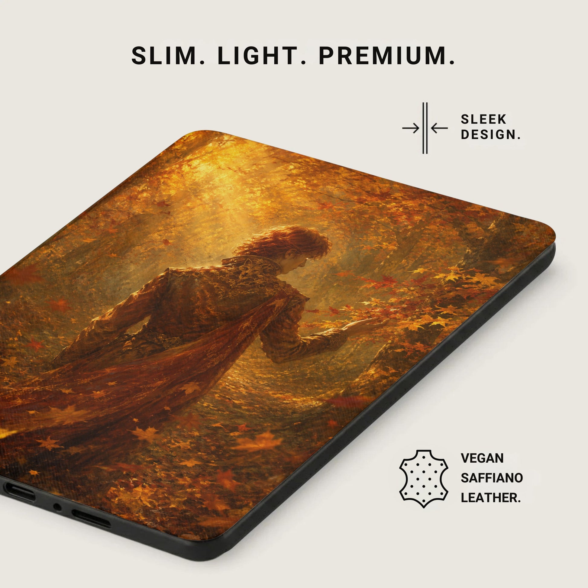 Case with autumn forest artwork, featuring a figure and leaves.