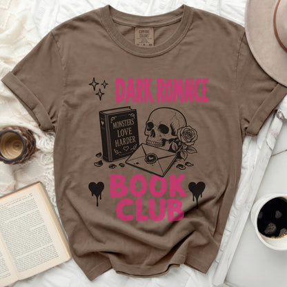 Brown t-shirt with "Dark Romance Book Club" text and skull graphic.