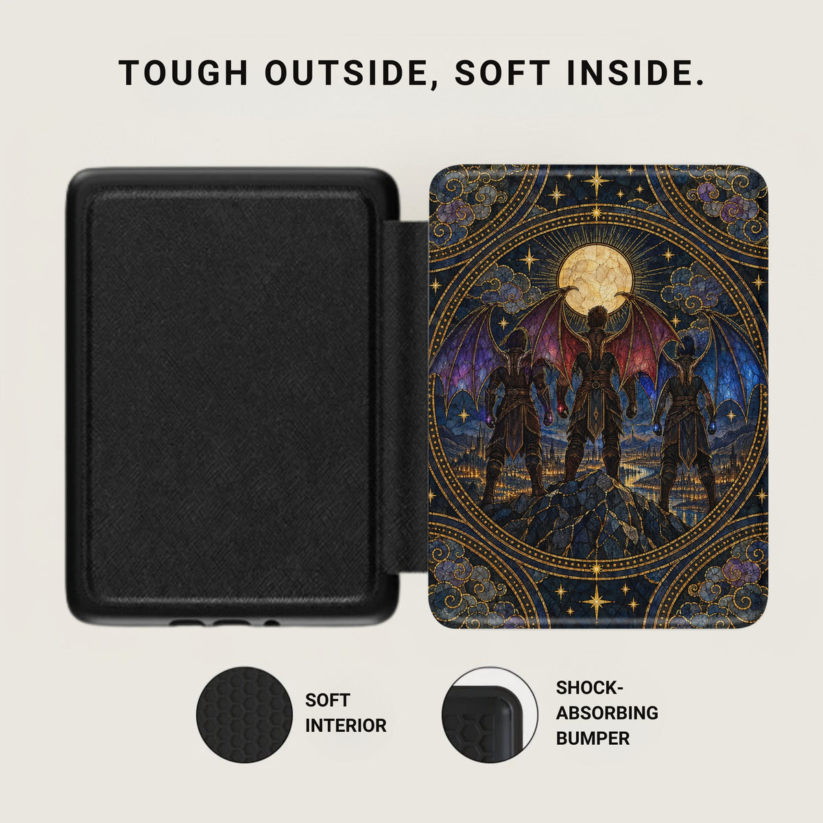 Open Kindle case with a fantasy-art front cover, black interior lining, and callouts for soft interior and shock-absorbing bumper.