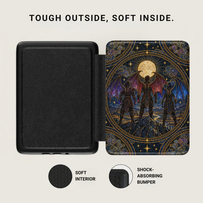Open Kindle case with a fantasy-art front cover, black interior lining, and callouts for soft interior and shock-absorbing bumper.