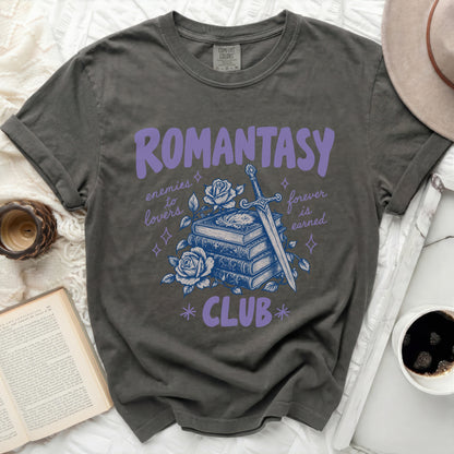 Dark grey t-shirt with "ROMANTASY CLUB" and sword, books, and rose graphic.
