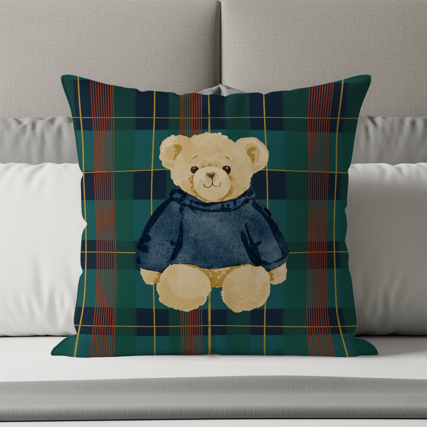 Plaid Throw Pillow with Adorable Teddy Bear Design