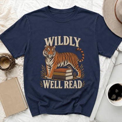 Navy t-shirt with tiger and books graphic, reads "Wildly Well Read".