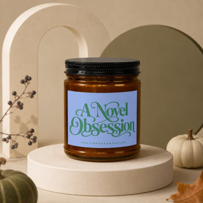 A Novel Obsession candle with Magicmerchemporium text on label.