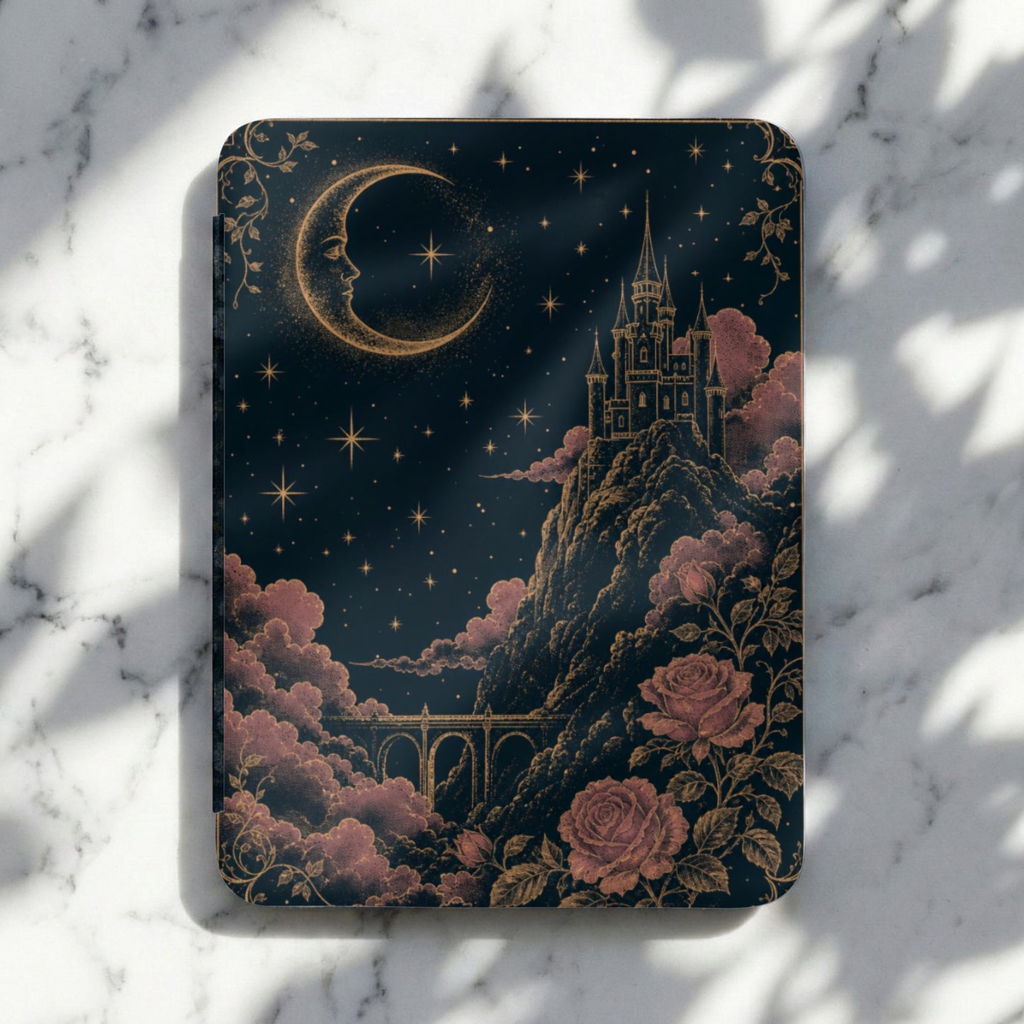 Dark starry sky with crescent moon, castle on a hill, roses, and clouds.
