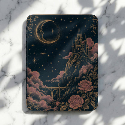 Dark starry sky with crescent moon, castle on a hill, roses, and clouds.
