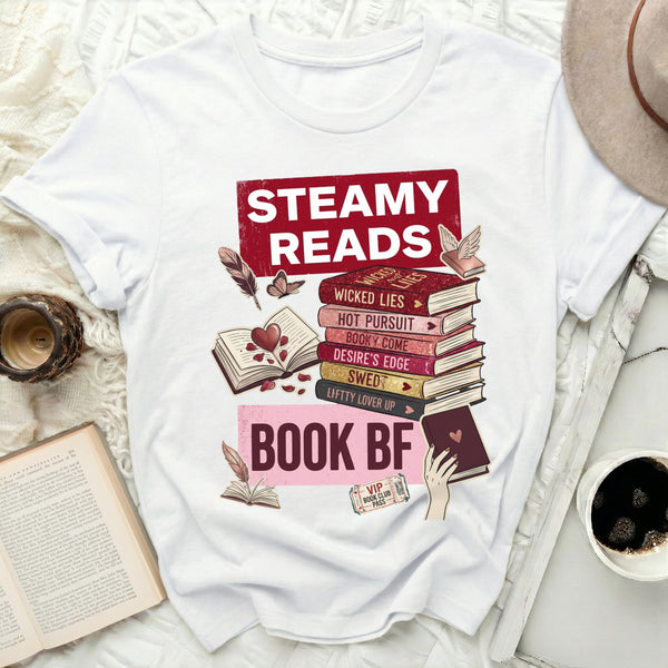 Steamy Reads Book BF Tee in White