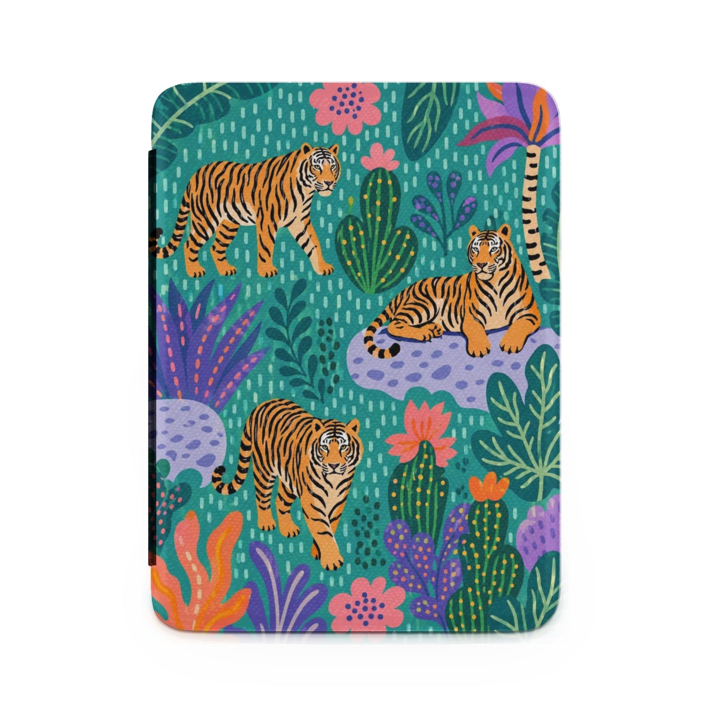 Tigers and tropical plants on a turquoise background.