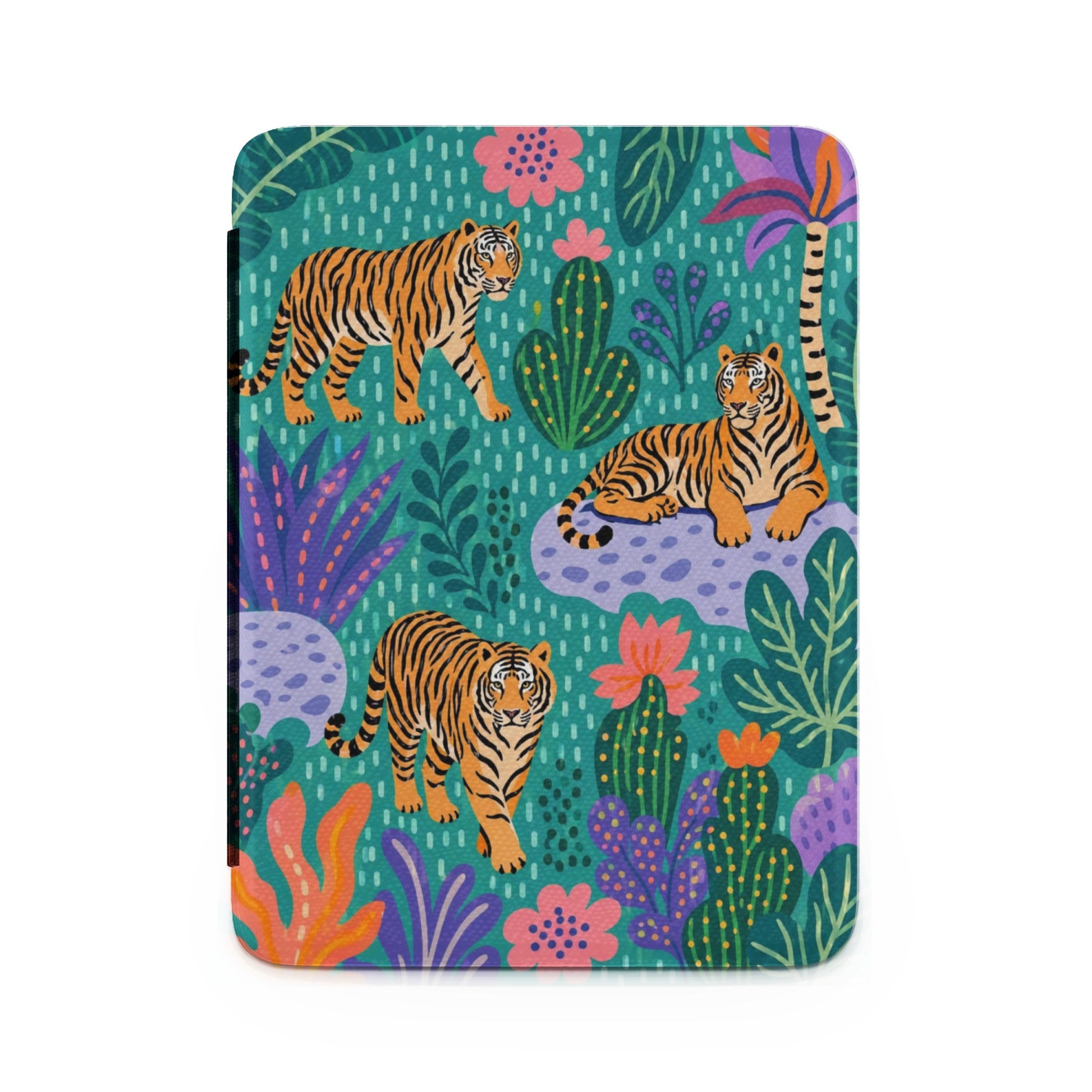 Tigers and tropical plants on a turquoise background.
