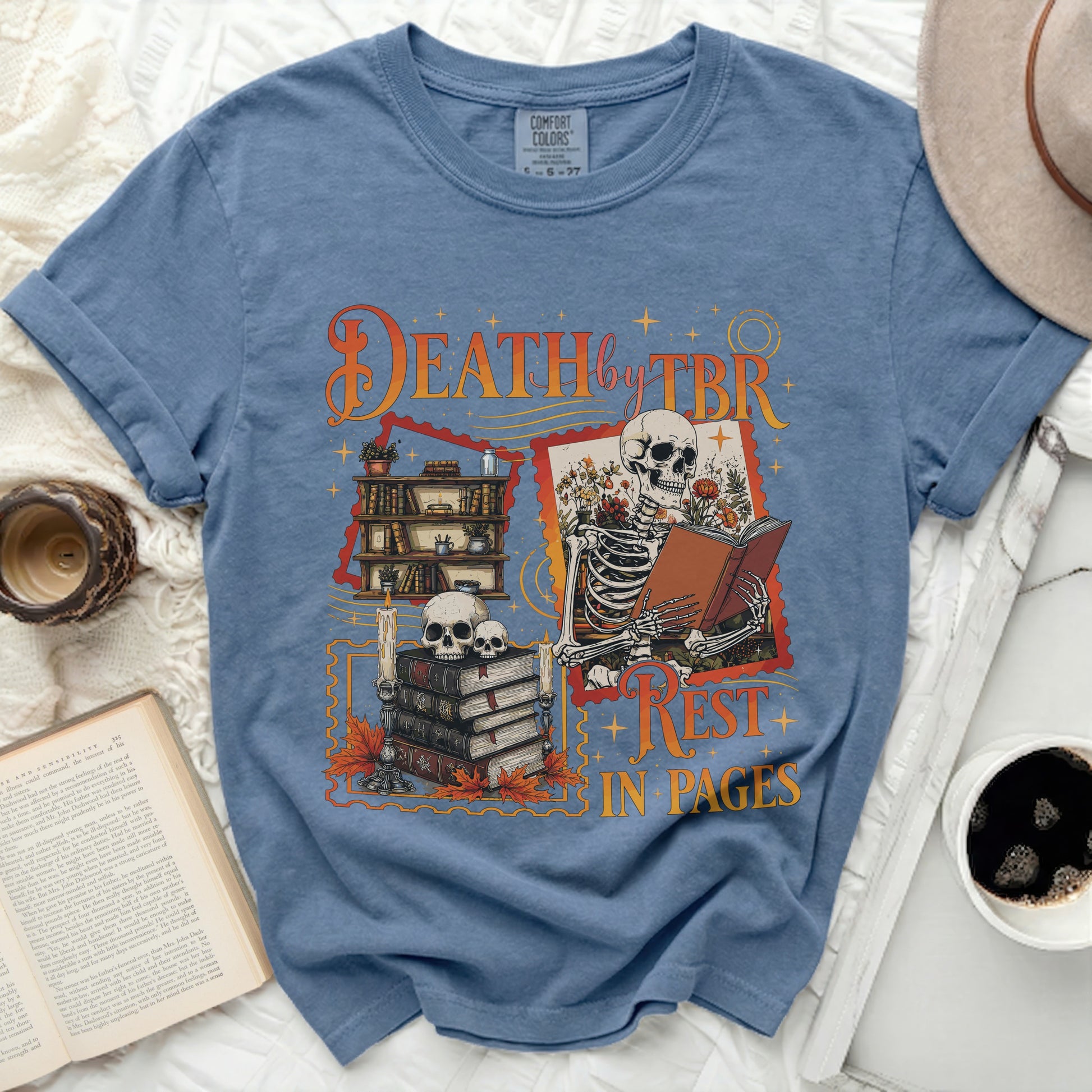 Skeleton reading a book with text "Death by TBR Rest in Pages".