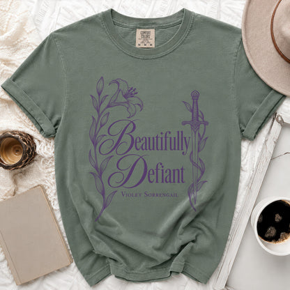Green t-shirt with "Beautifully Defiant Violet Sorrengail" text and floral sword design.