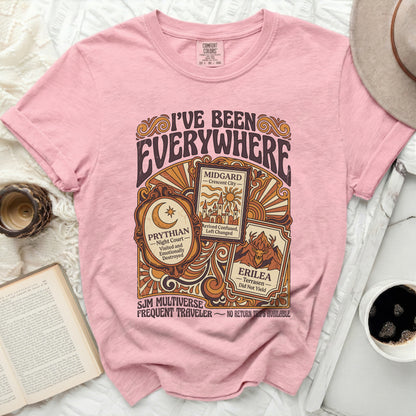 Pink t-shirt with "I've Been Everywhere" graphic, listing fictional locations.