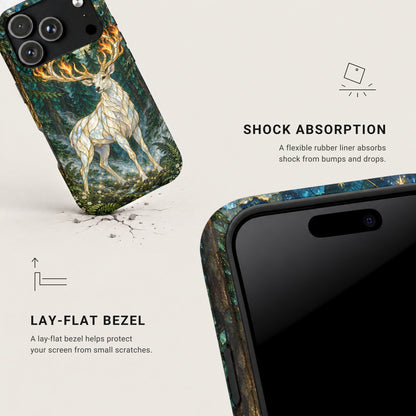 Two angles of a smartphone case featuring a mosaic-style white deer with glowing antlers in a forest.