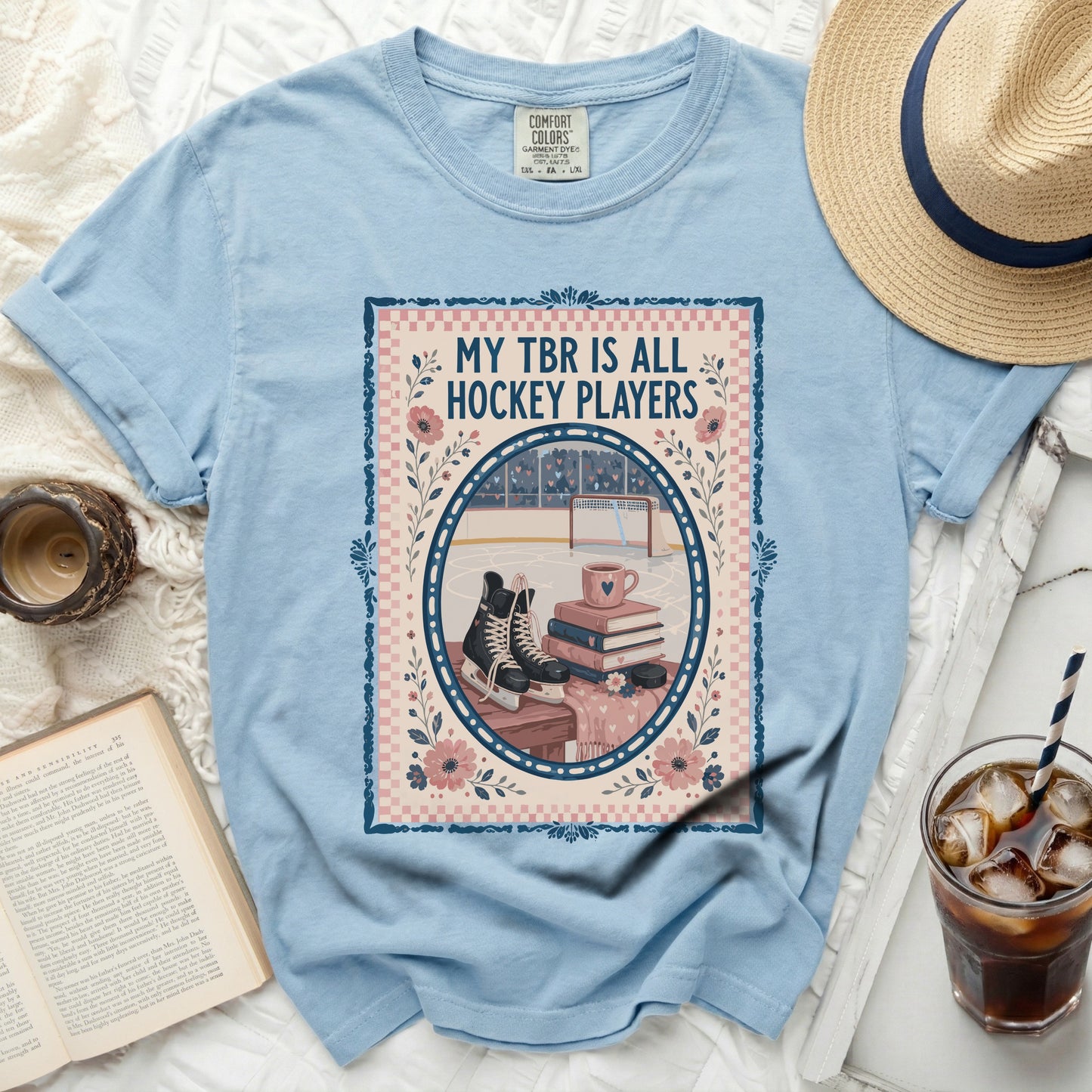Light blue t-shirt with "MY TBR IS ALL HOCKEY PLAYERS" text and ice hockey scene.
