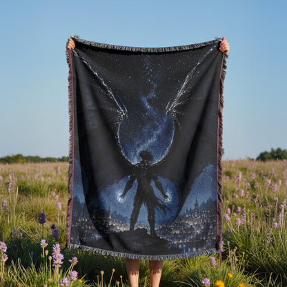 A person is holding a large black blanket with a graphic design of a winged figure against a starry night sky.