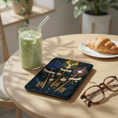 Case with celestial keys, roses, and deer design beside matcha drink and croissant.