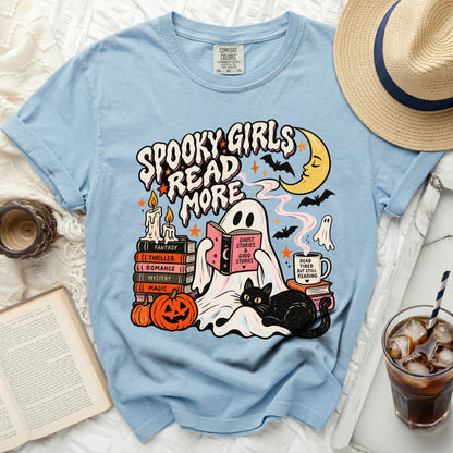 Light blue Comfort Colors t-shirt with "Spooky Girls Read More" Halloween graphic.