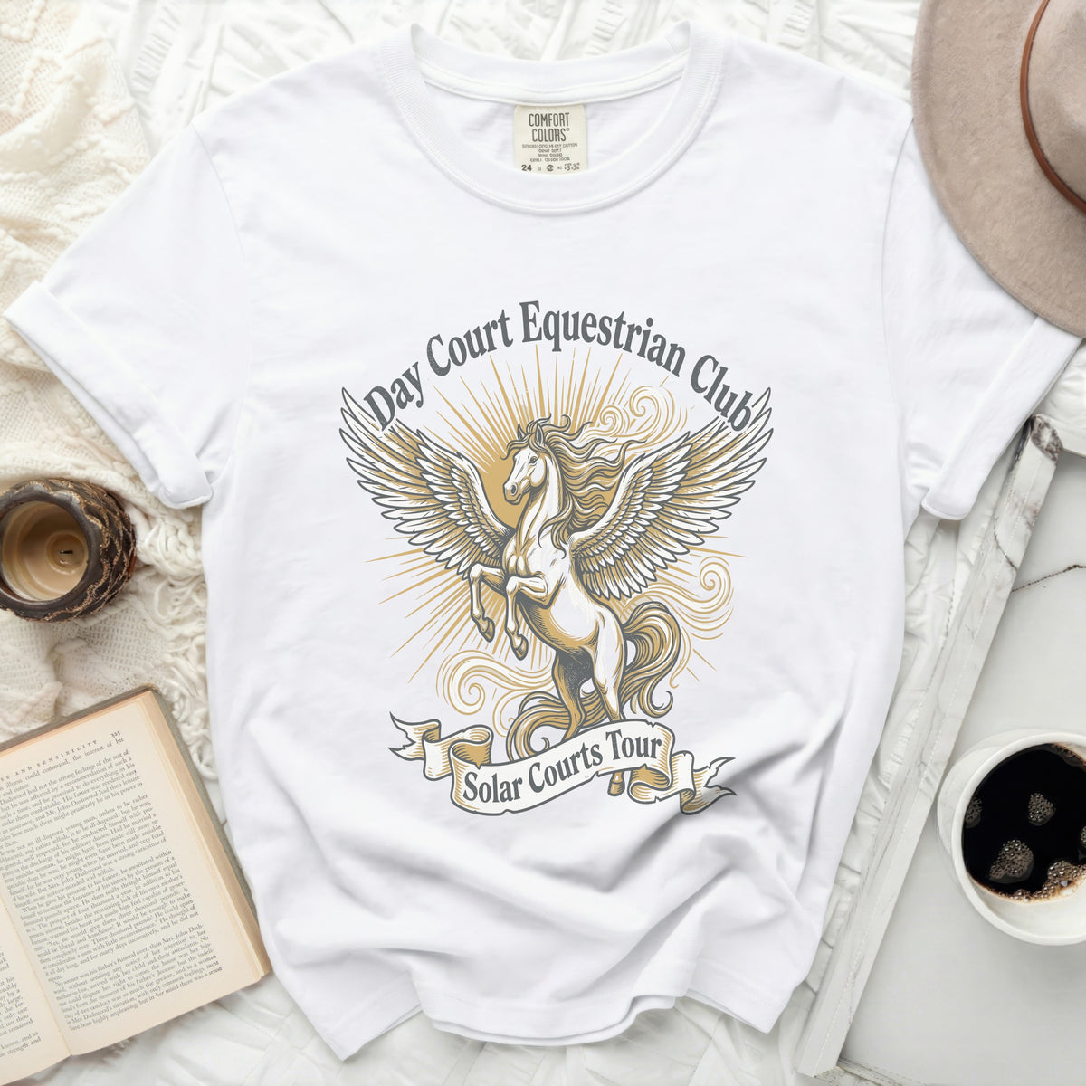 White t-shirt with "Day Court Equestrian Club Solar Courts Tour" graphic.