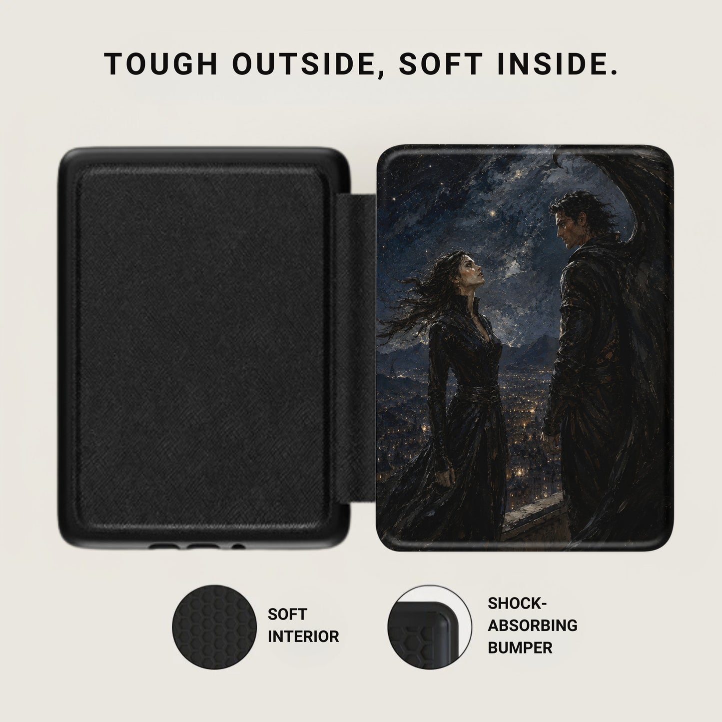 Black case open, revealing soft interior and printed artwork of winged figure and woman.