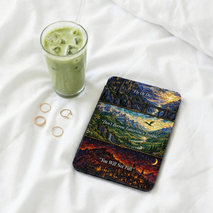 A Kindle case with stained glass art rests on a white bed with rings and a matcha latte.