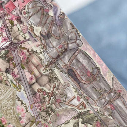 Armor with swords, roses, and castle elements.