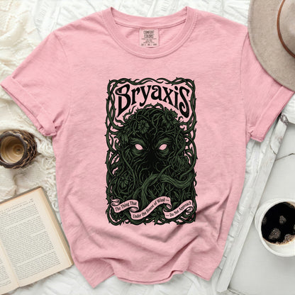 Bryaxis graphic on a pink t-shirt with text "The Thing That Under the House of Wind - Do Not Approach".