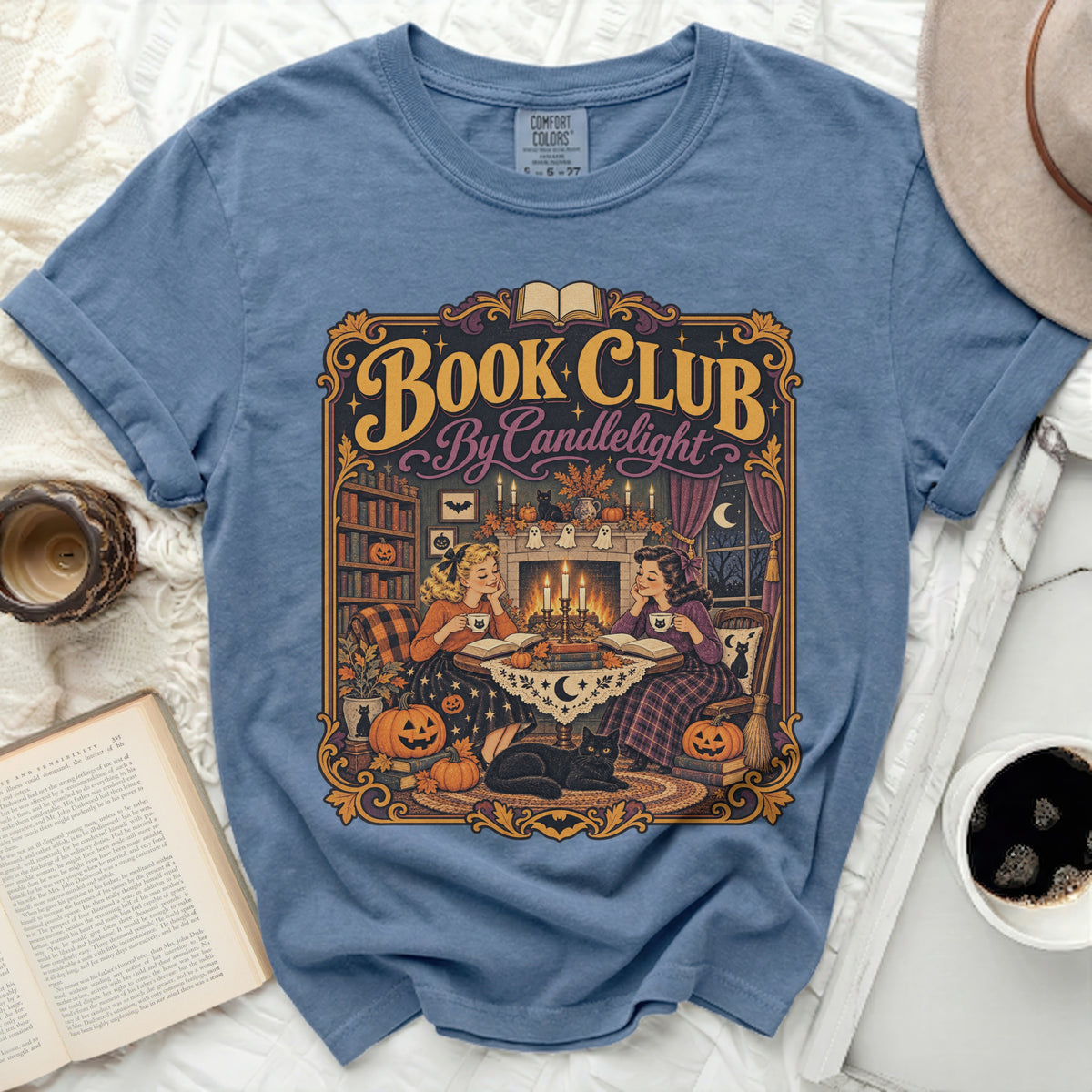 Comfort Colors blue t-shirt with "Book Club By Candlelight" Halloween graphic.