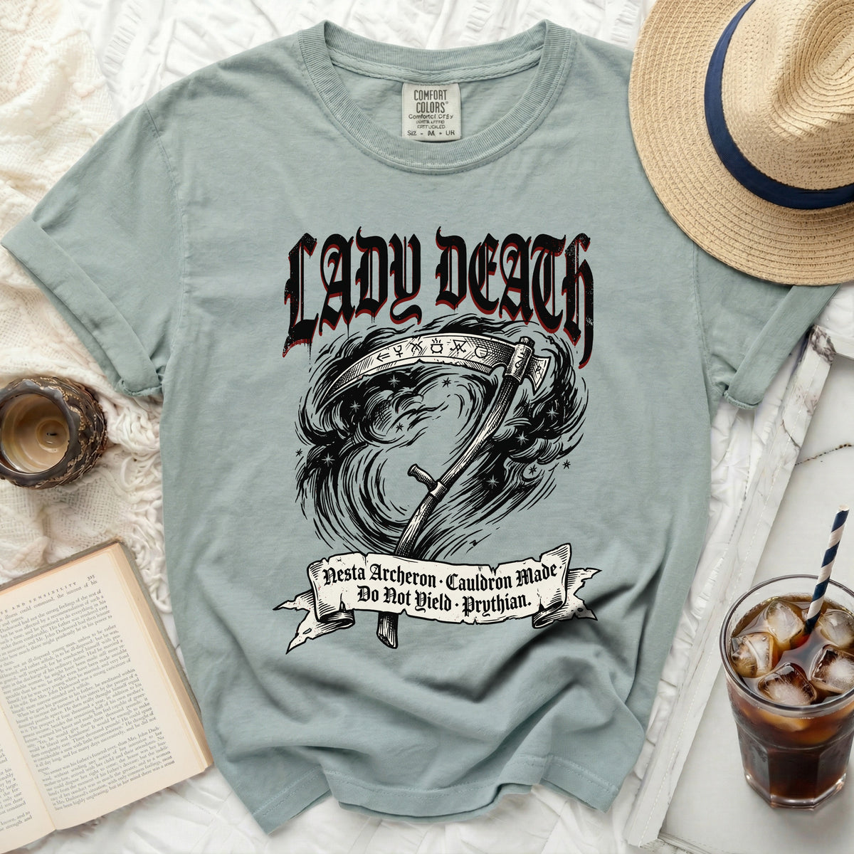 Grey t-shirt with "Lady Death" logo, scythe, and banner text.